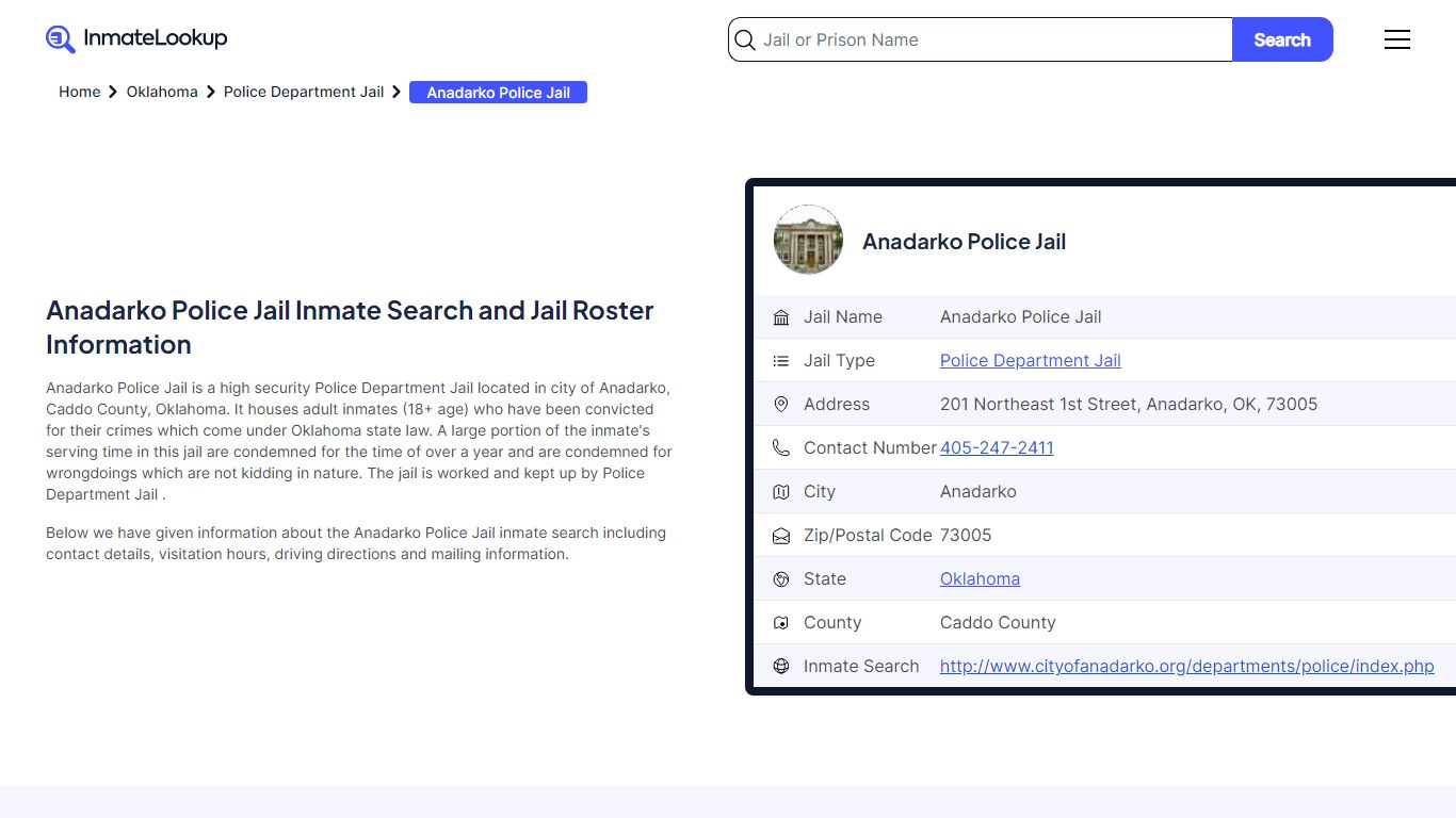 Anadarko Police Jail (OK) Inmate Search Oklahoma - Inmate Lookup